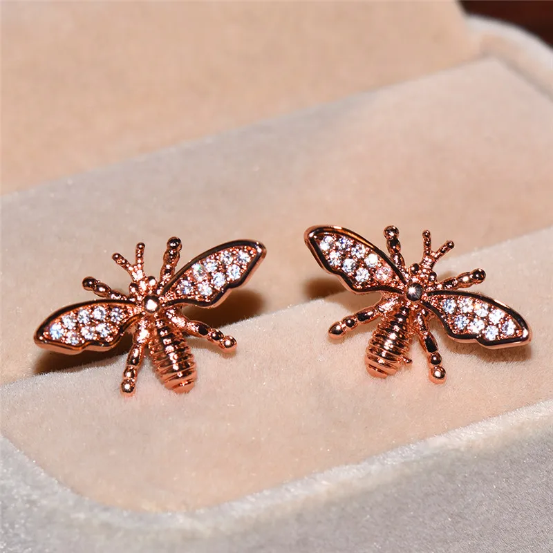 

Boho Female Small Bee Stud Earrings Korean Rose Gold Earrings Vintage Wedding Jewelry Double Sided Animal Earrings For Women