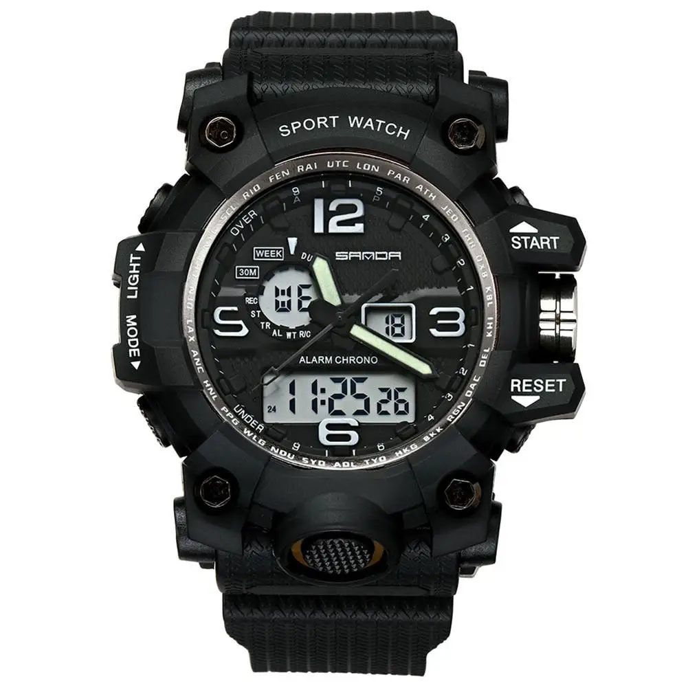 

Hot Sale Men Sports Dual Time Zones Alarm Calendar Chronograph Digital Analog Wrist Watch