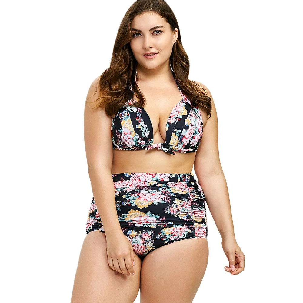

Plus Size Bikini Floral High Waist Swimsuit Large Size Halter Swimwear Women Retro Print Bathing Suit Plus Size Push up Swimsuit
