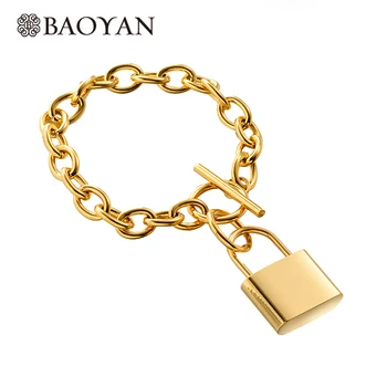 

BAOYAN Fashion Gold Plating Lock Charm Bracelets For Lover Couples Punk Gold Stainless Steel Link Chain Bracelets For Women Men