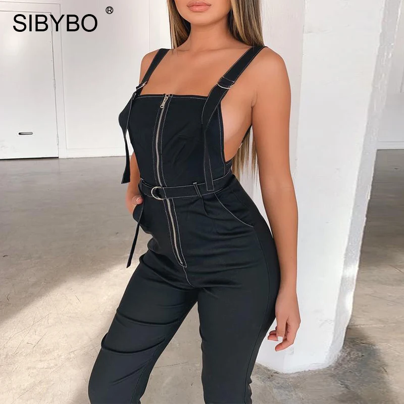 

SIBYBO Spaghetti Strap Zipper Sexy Jumpsuit Women Sleeveless Sashes Women Rompers Pockets Black Backless Overalls for Women