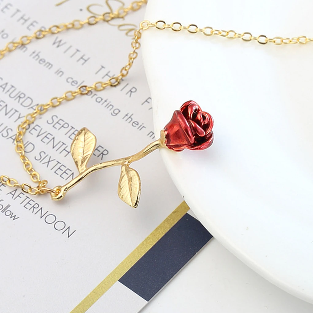 

Women Girls Red Rose Necklace Alloy Plated Neck Pendant Jewelry Accessories Valentine Mothers Day Gift