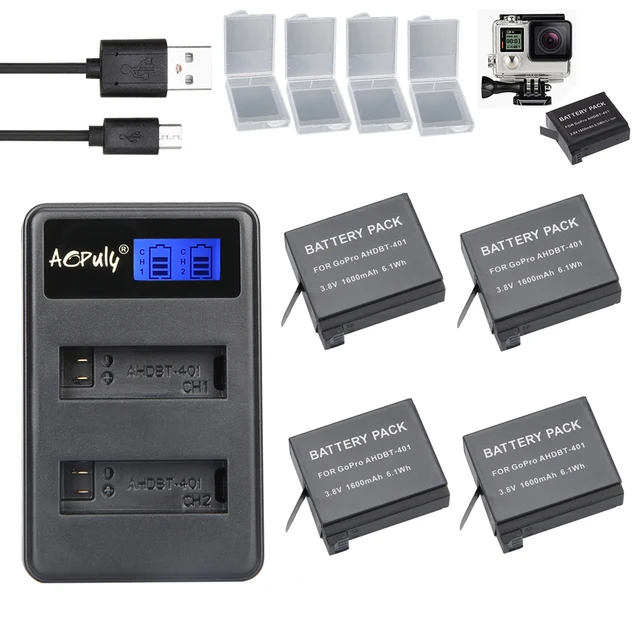 4 X Ahdbt 401 Lcd Dual Usb Battery Charger For Gopro Hero 4