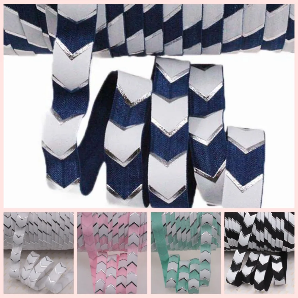 

5 colors 5/8" silver foil + ink printed chevron fold over elastic 100yards/lot