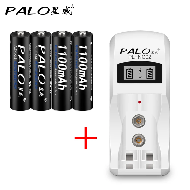 Meilleur PALO écran lcd chargeur de batterie 2 Slots Chargeur Pour NI MH NI CD AA AAA 9 V 6F22 + 4 pièces NI MH 1.2 V AAA Rechargeable Batteries