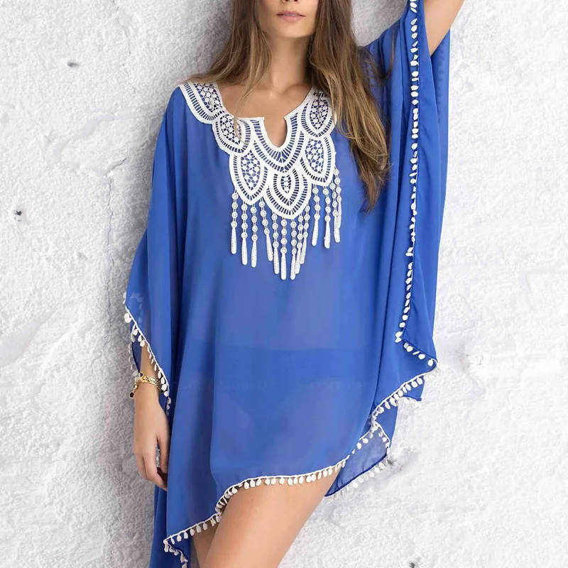 Sexy Women Kaftan Sarong Blouses Sexy Bathing Suit Cover ups Bikinis Swimwear Cover Up Beach Dress Lace Stitching Fusion Chiffon
