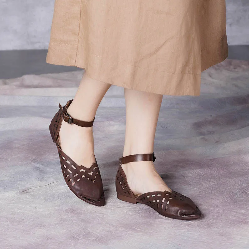 

2019 VALLU Summer Women Shoes Handmade Genuine Leather Hollow Design Flat Sandals Ladies Retro Style Buckle Strap Causal Shoes