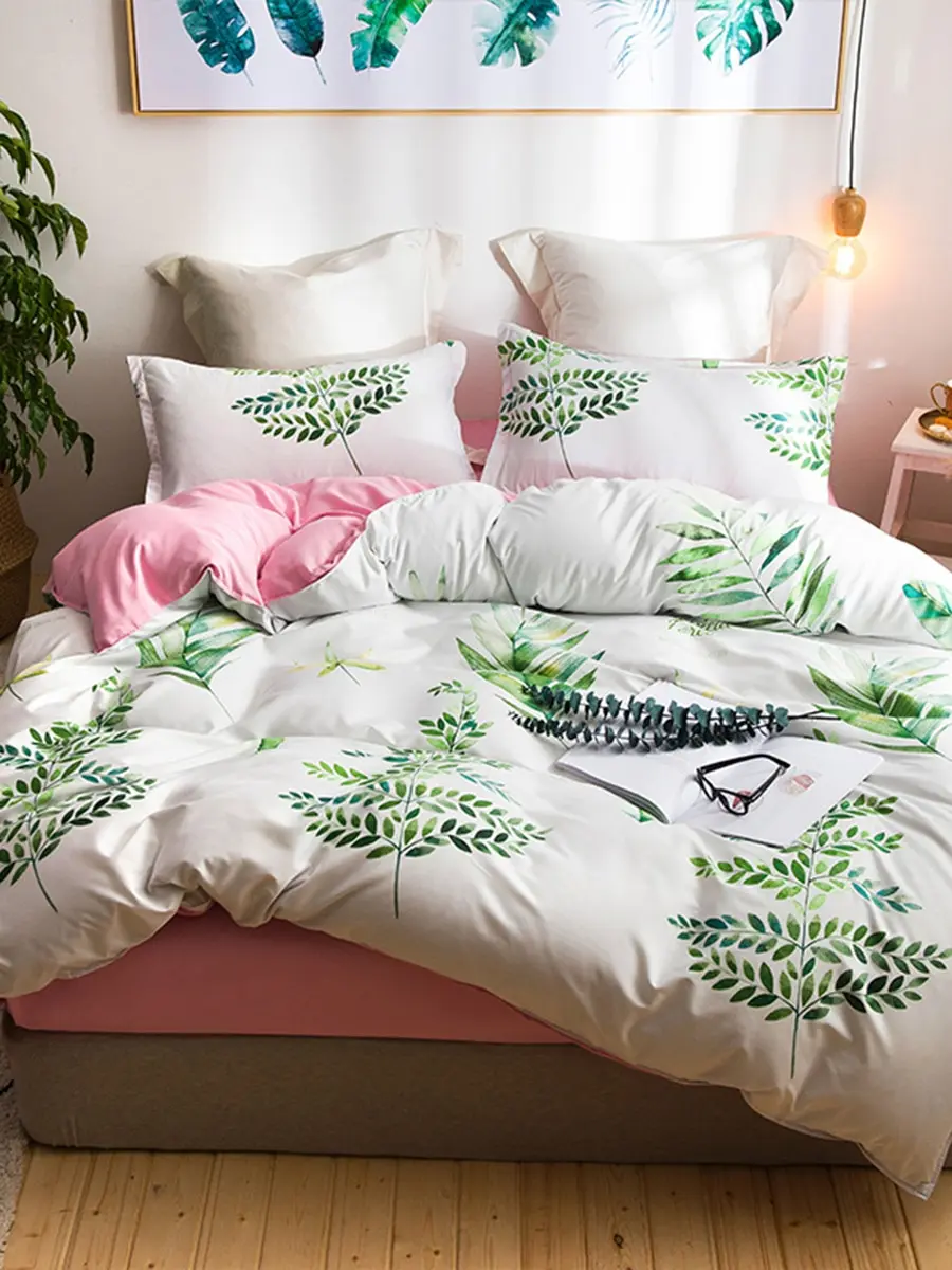 

3/4Pcs Bedding Set Fresh Plain Style Comfy Durable Bed Sheet Set