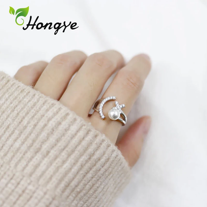 

Hongye New Real Silver Ring For Girls 1 Piece Fashion Finger Jewelry Open Ring Adjustable Female Statement Pearl Rings Accessory