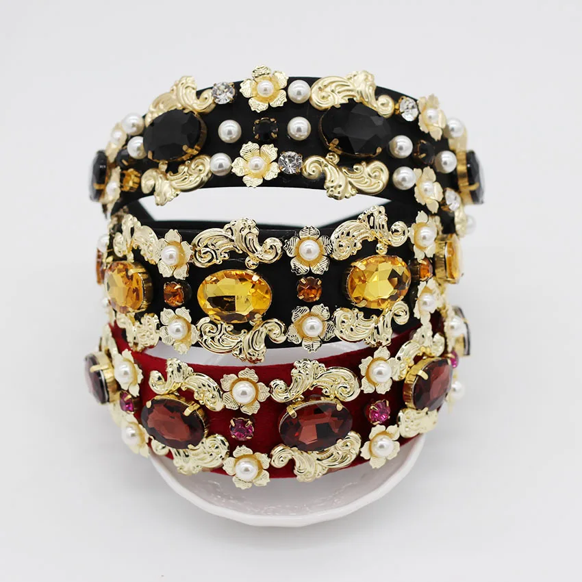 

Baroque Diamond Headband Jeweled Women Hairband Pearl Hair Accessories Fashion Show Geometry Flower Wild Tide Head Band Gold Gem