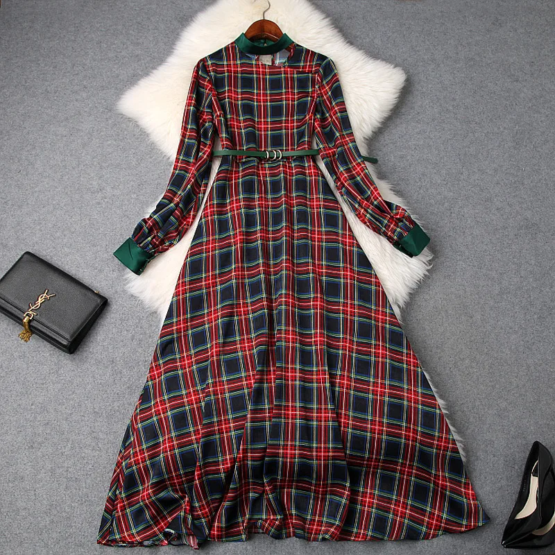 

Midi Dress Elegant Women 2019 Early Spring New Small Stand Collar Hollow Out Lantern Sleeved High Waist Slim Belted Plaid Dress
