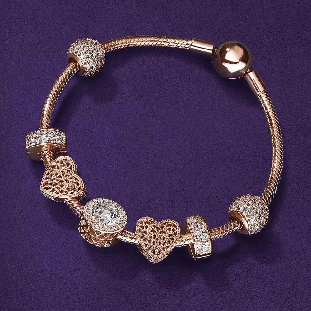 

NEW 925 Fashion Rose Gold Crystal Key Charm Bracelet For Women Gold European Diy Beads Bracelets & Bangles heart-shaped