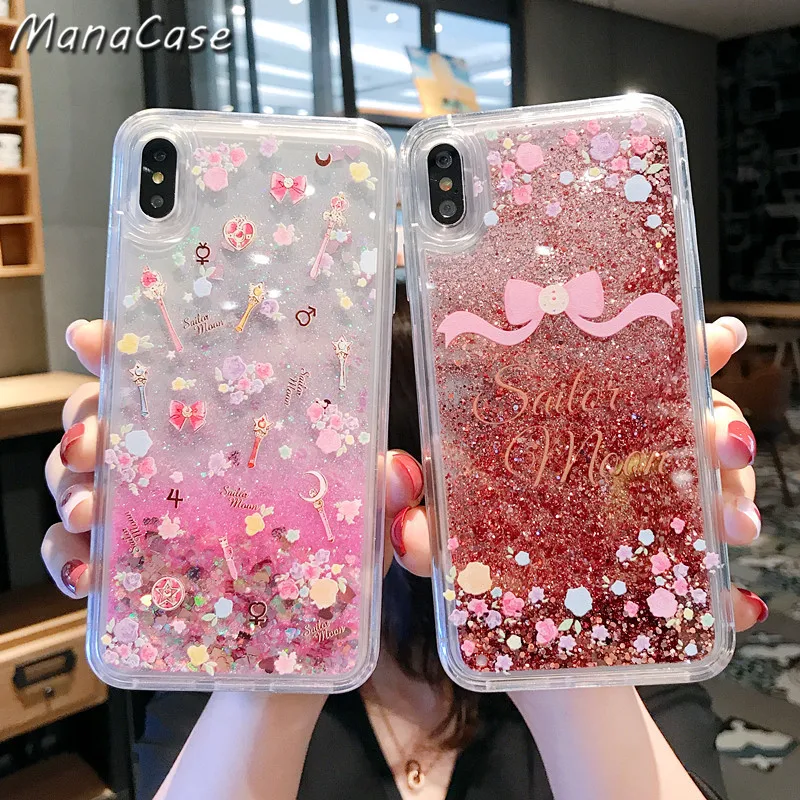 

Cute Fashion Pink Bow Magic wand Liquid Star Quicksand Phone Case For iPhone X XS MAX XR 6 6s 7 8 Plus For TPU Back Cover Cases