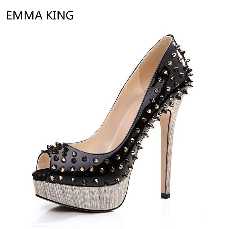 

2019 Ladies Sandals Black Rivets 14 16cm Super High Heels Sandals Large Size Peep Toe Platform Stiletto Heels Women Shoes 35-43