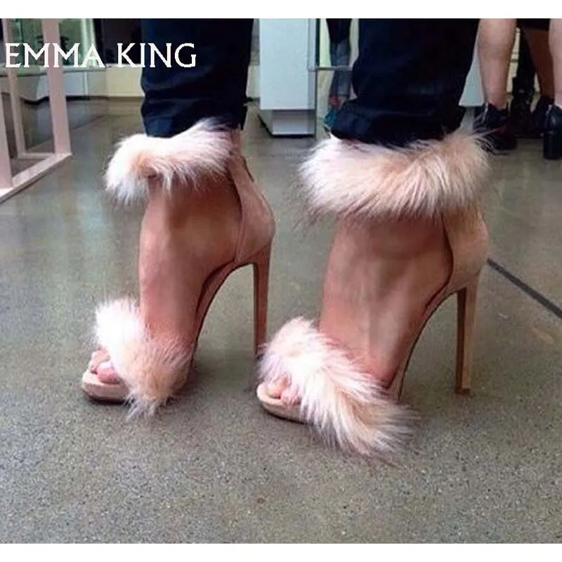 

EMMA KING Summer Fashion Feather women's sandals banquet sexy hollow open-toed high-heeled ladies Plus Size shoes EURO 35#-43#