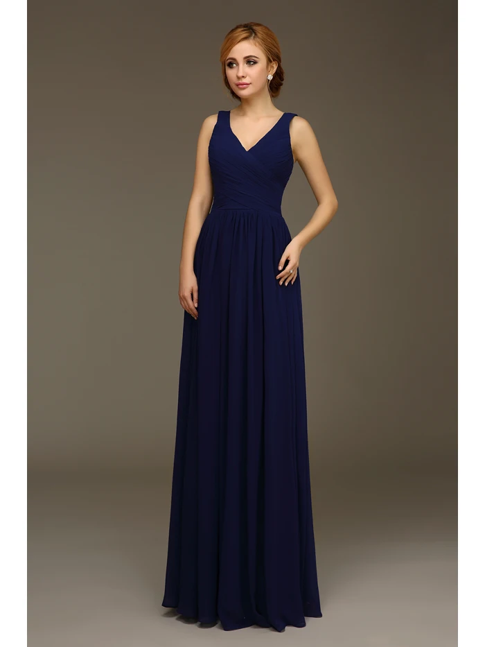 New Arrivals V Neck Navy Blue Bridesmaid Dresse 2016 Long Chiffon