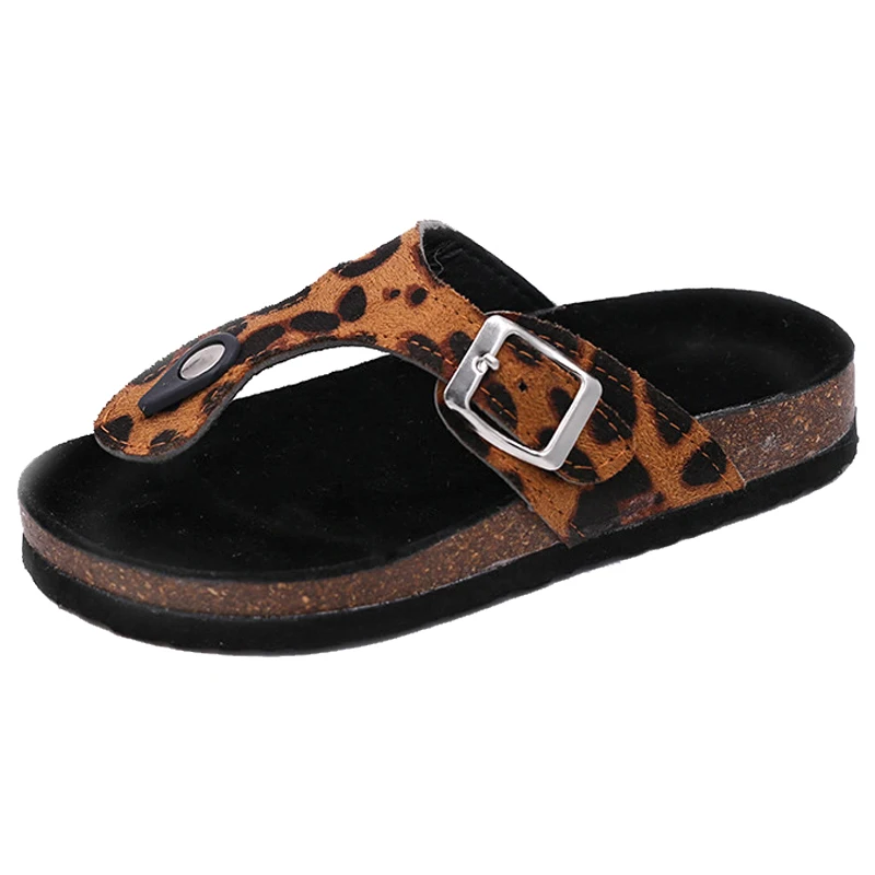 Summer Kids Slippers Fashion Comfortable Leopard Print Girls Flip Flops Bling Sequins Cork Slippers For Children Barefoot Shoes