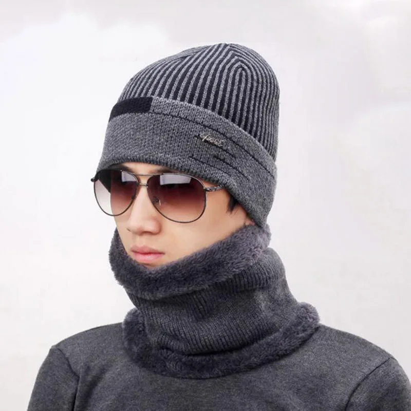

Knit Men Winter Hats for Men Knitting Keep Warm Beanies Hat Men's skullies Knit velvet Beanie Bonnet Scarf for Male
