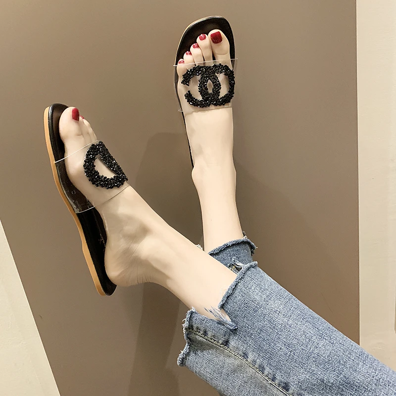 

fashion Concise 2019 chic Transparent vamp Rhinestone Shoes soft soles Women outdoor beach Slippers flats chanclas mujer