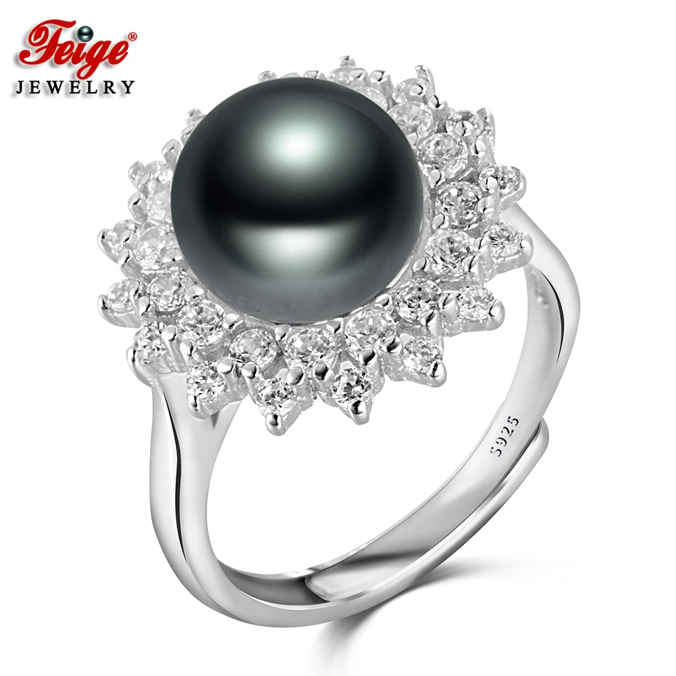 

FEIGE Pearl Ring 925 Sterling Silver Inlay Cubic Zirconia Finger Ring for Women 9-10MM Black Freshwater Pearl Jewelry Lady Gift