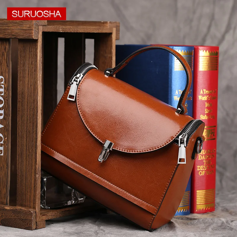 

SURUOSHA Genuine Cowhide Leather Women Shoulder Bags Vintage Strong Quality Small Handbags Rich Oil Wax Leather Messenger Bags
