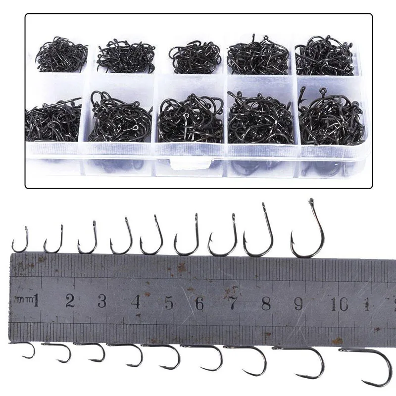 500PCS 3-12 # SET Fishing Hook Japan Carp Black Hooks High Carbon Steel With Hole Barbed Sea Saltwater Fishing Jig Accessories