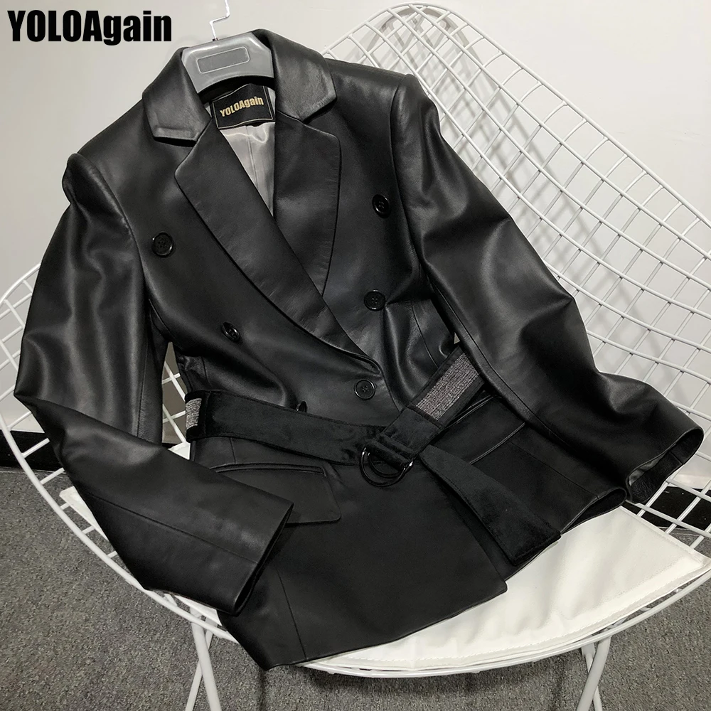 Yoloagne Женская куртка из натуральной кожи, женский двубортный черный кожаный блейзер с v-образным вырезом и поясом
