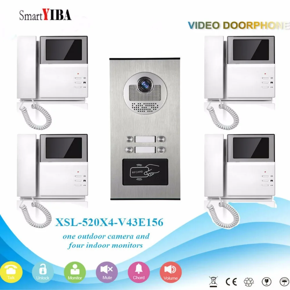SmartYIBA 4.3'' Handfree Video Intercom System Door Bell For 4 House/Family RFID Control Access Video Door Camera Doorphone