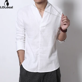 

Loldeal Men Linen Shirts Long Sleeve Chinese Style Mandarin Collar Traditional Kung Fu Tang Casual Social Shirt Brand Clothing