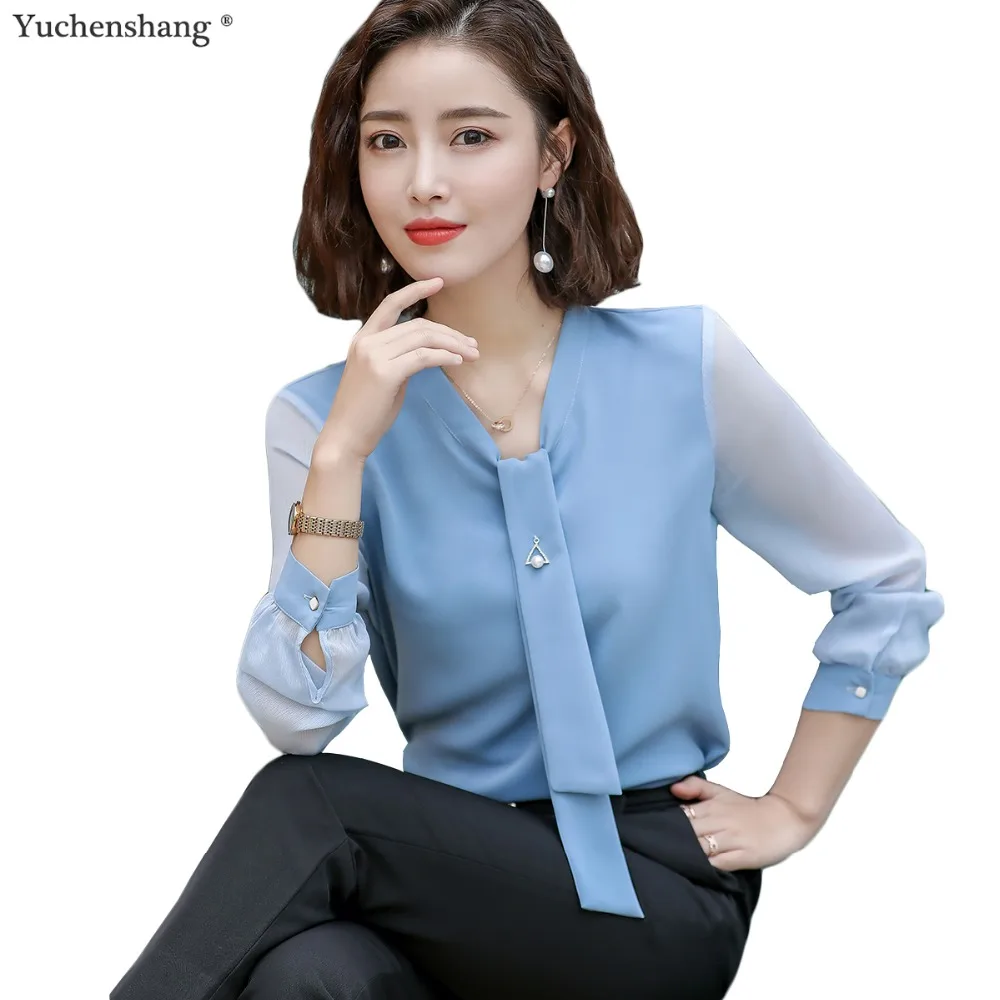 

Women clothing fashion full sleeve bow collar blouse shirt slim OL 2019 autumn female elegant lace sleeve tops plus size 4XL
