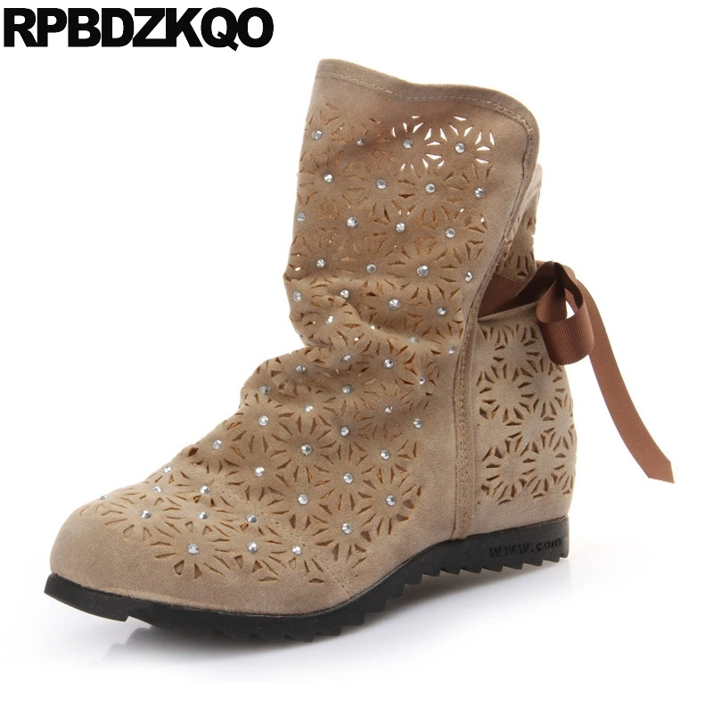 

Ankle Cut Out Bow Shoes Beige Booties Strange Rhinestone Round Toe Slip On Flat Women Boots 2016 Chinese Ladies 2017 Fashion New