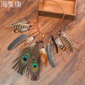 

Haimeikang 2019 Feather Hair Band Bohemian Hip Hop Festival Female Peacock Feather Headband