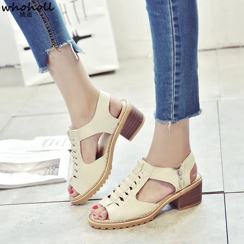 

WHOHOLL 2019 Women Sandals Summer Low Platform Square Heel Open Toe Female Rome Sandals Hole Side Zipper Women's Gladiator Shoes