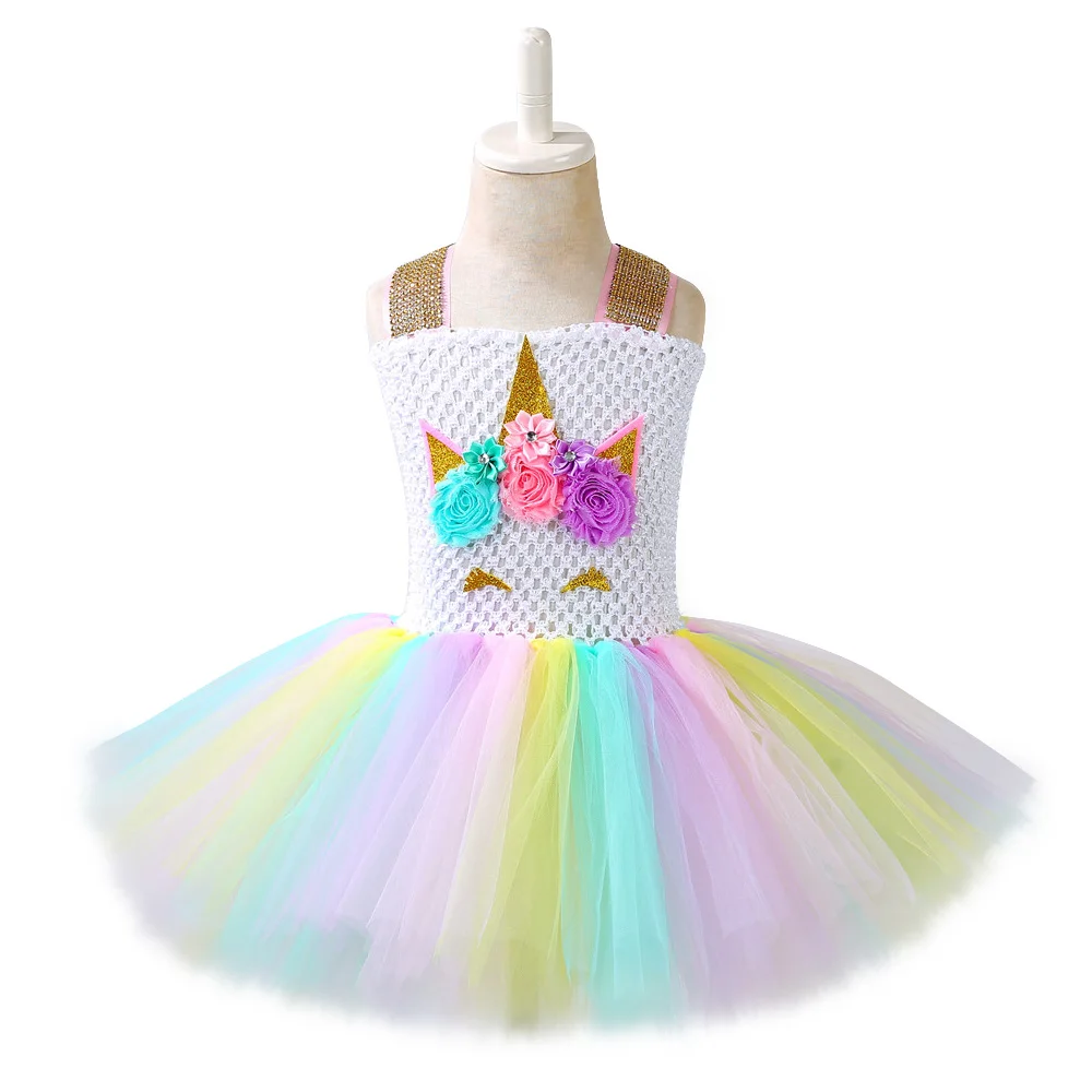 

Princess Girls Cartoon Unicorn Party Dress Costume For Birthday Halloween Cute Kid Baby Flower Girls Rainbow Tulle Tutu Dress