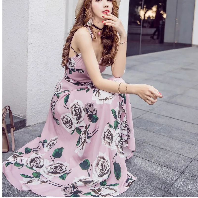Женское платье без рукавов Boho длинное пляжное с глубоким треугольным вырезом и
