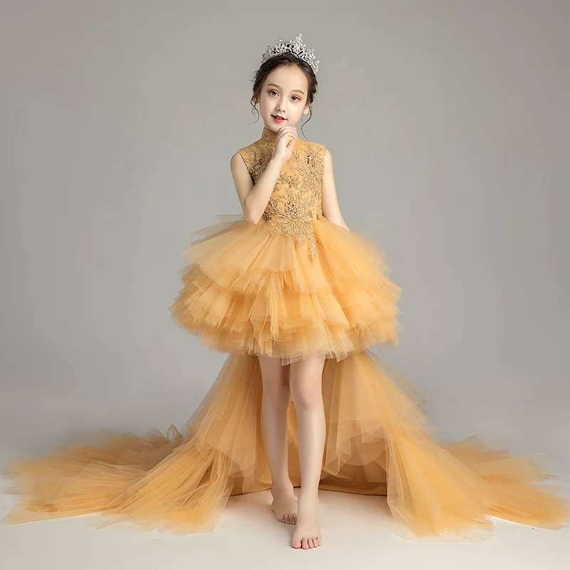 Вечернее платье для девочек нарядное платье принцессы с цветочным узором для девочек на свадьбу, платье высокого качества костюмы со съемным шлейфом