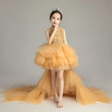 Вечернее платье для девочек нарядное платье принцессы с цветочным узором для девочек на свадьбу, платье высокого качества костюмы со съемным шлейфом