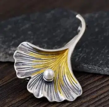 

S925 925 silver brooch leaf pearl trendy vintage brooches 44*33mm