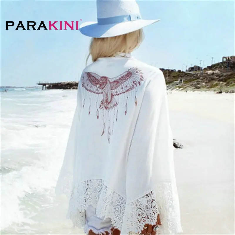 

PARAKINI White Lace Crochet Beach Tunic Women Beach Wear 2018 V Neck Long Sleeve Bikini Cover Ups Hollow Out Mini Beach Dress