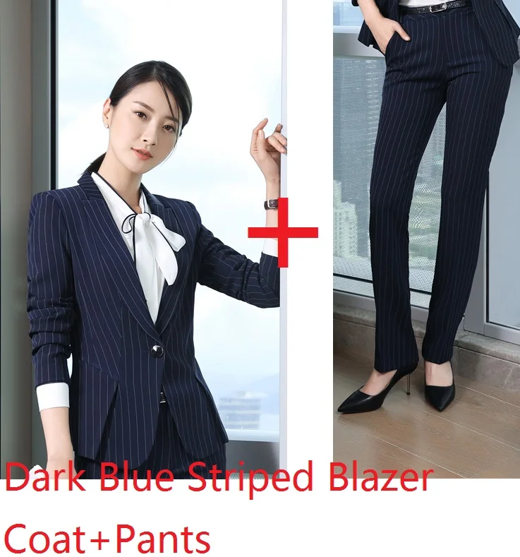 Dark Blue Striped Тонкие Модные Полосатые осенне-зимние брючные костюмы с куртками и брюками для офиса женские брючные костюмы блейзеры комплекты больших размеров - Цвет: Dark Blue Striped
