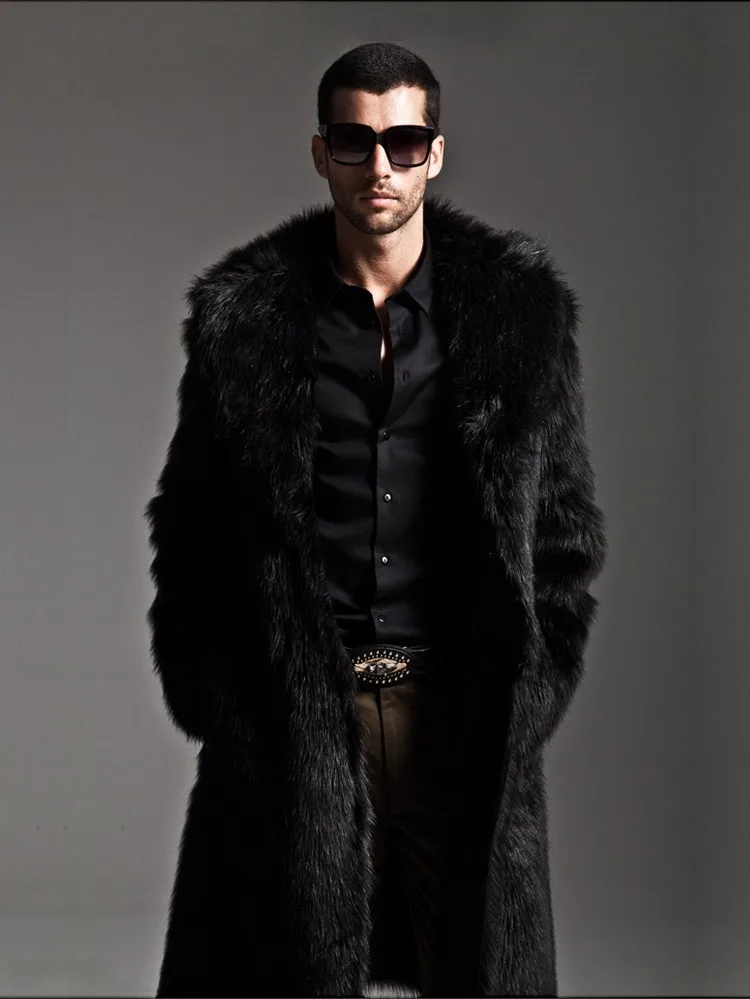 Новинка, зимняя мужская шуба, длинная модная тёплая зимняя шуба, отложной воротник из кроличьего меха, модная меховая куртка - Цвет: Черный