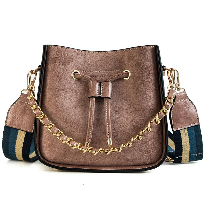 

Ladies Bucket Bag Retro Pu Leather Shoulder Bag Simple Chain Messenger Bag Letter Handbag New Chic Bag