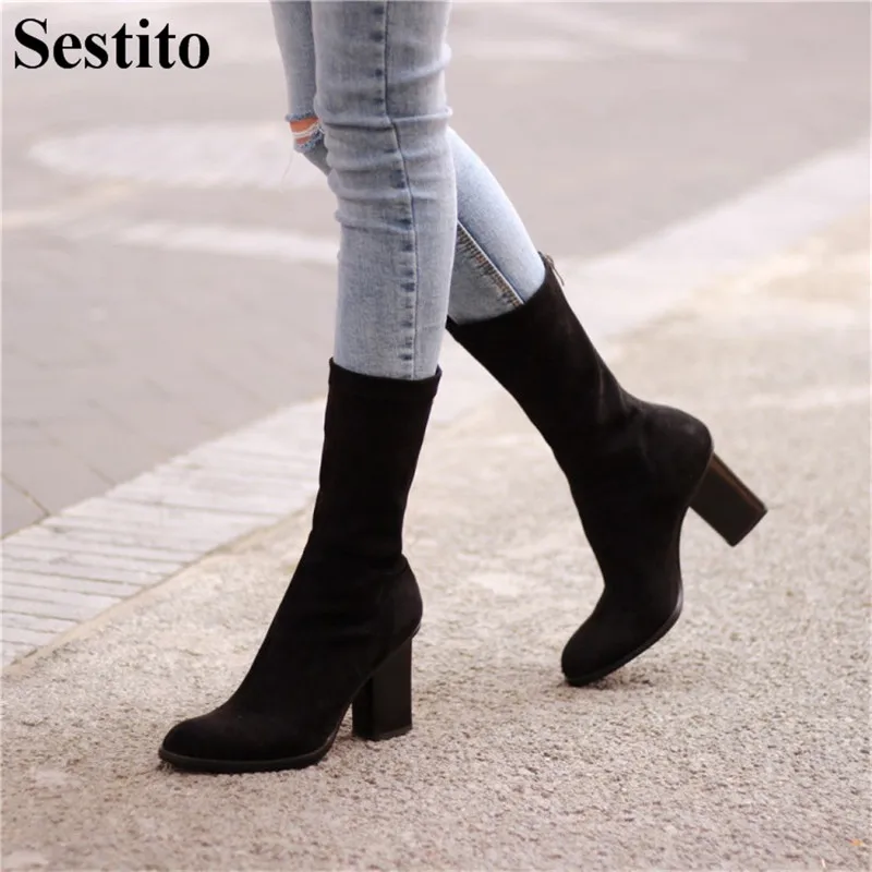 

Concise New Black Flock Woman Boots Round Toe High Heel 8 cm Mid-Calf Boots For Women Square Heel Zip Short Boots Women Shoes