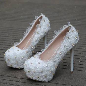 

Women Shoes Pumps White Lace Flower Rhinestone Shallow Mouth Thin Heel Wedding Bridal Shoes Party Elegant High Heels XY-A0321