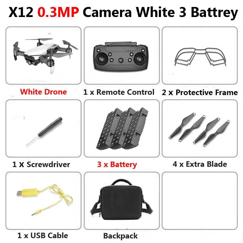 X12 WiFi FPV Mini Foldable Drone Camera 0.3MP 2MP HD Optical Flow Aerial Video Profissional RC Quadcopter Helicopter Toys SG106 - Цвет: 0.3MP White 3B Bag