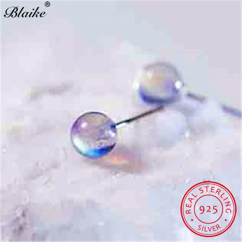Blaike S925 Стерлинговое серебро круглый шар, серьги со шпилькой, для Для женщин простые серьги с прозрачными кристаллами небольшой женский пирсинг уха ювелирных изделий