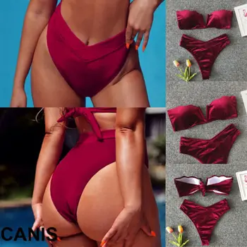 

2019 Womens Golden velvet Push-up Bandage Bikini Set Swimwear Beach Swimsuit Monokini