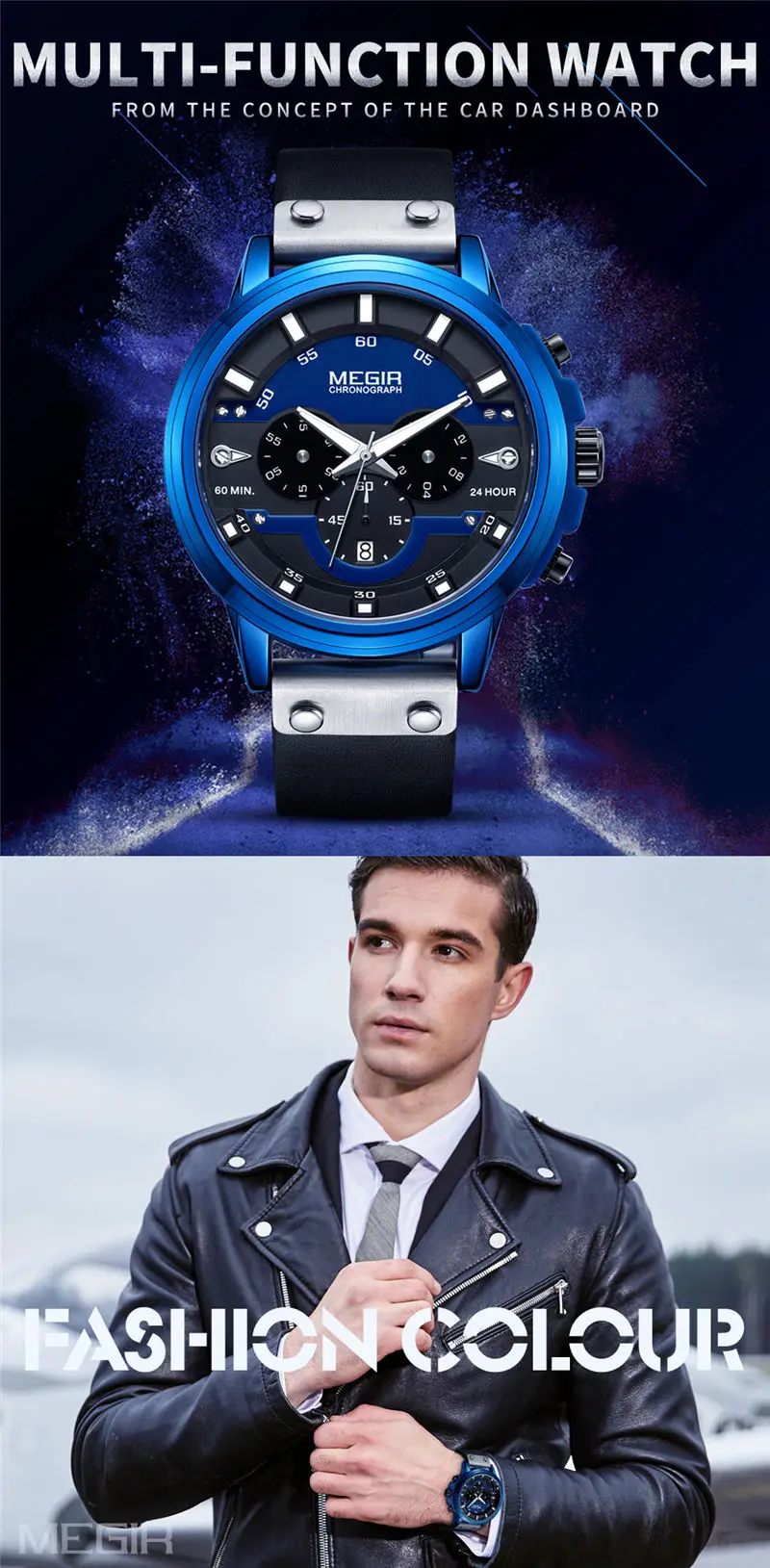 MEGIR для мужчин часы лучший бренд класса люкс Синий хронограф наручные часы с календарем Военная Униформа Спорт кожаный ремешок мужской Relogio Masculino 2080