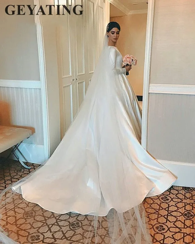 Простое Белое Атласное Свадебное Платье es с длинными рукавами винтажное арабское свадебное платье трапециевидной формы со шлейфом Дубай мусульманские свадебные платья