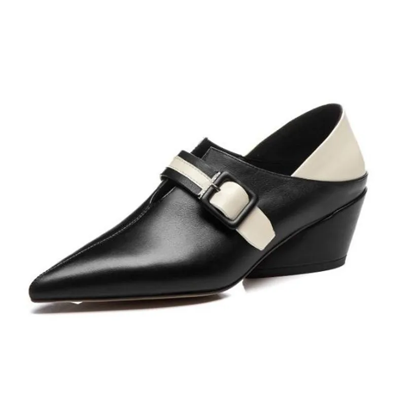 

Spring new wedge with pointed women's shoes Genuine Leather color matching mid heel shoe Female high heels women pumps